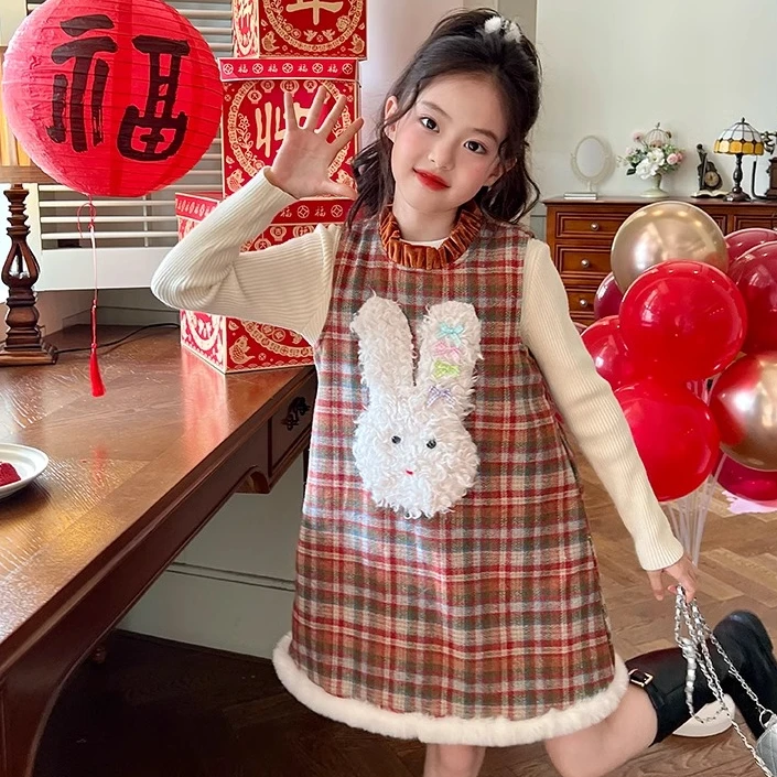 栀了成长记童装女童毛呢格子背心裙秋冬儿童裙子宝宝加绒连衣裙