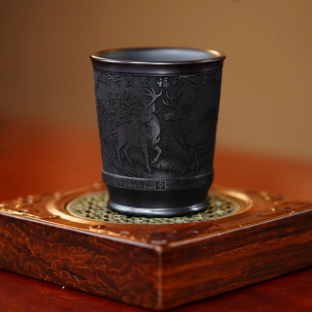 【福禄石黄束口杯】宜兴原矿紫砂高温石黄立体浮雕刻双鹿主人杯