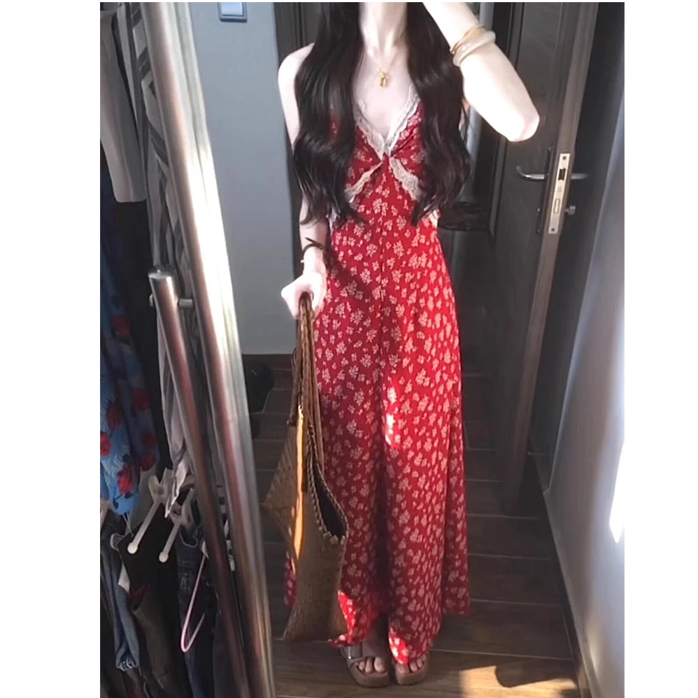 pinkmoon||纯欲风气质穿搭碎花连衣裙女蕾丝显瘦设计感修身长裙