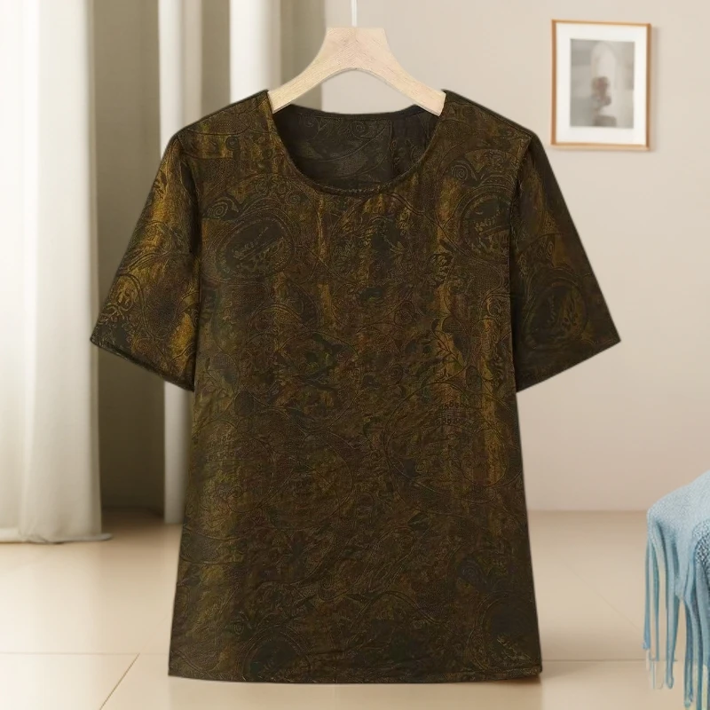 【小妹轻奢女装】夏季时尚气质清凉透气圆领鎏金半袖印花T恤2896