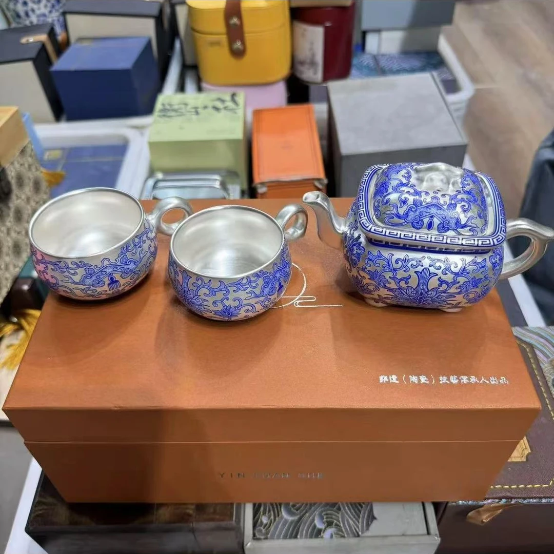 【闪购商品】陶然然茶器链接郑丽卿青花四方壶鎏银套组@@1391