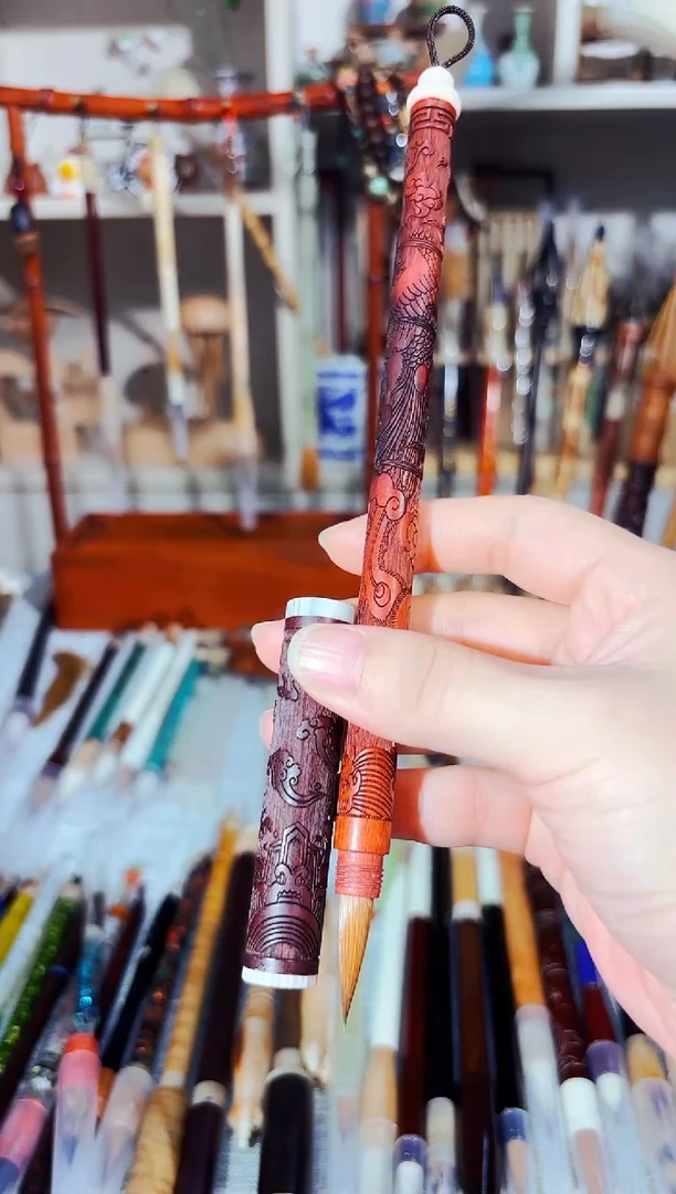 9号 柯檀雕刻龙纹带帽纯狼毫出锋2.5清水试笔