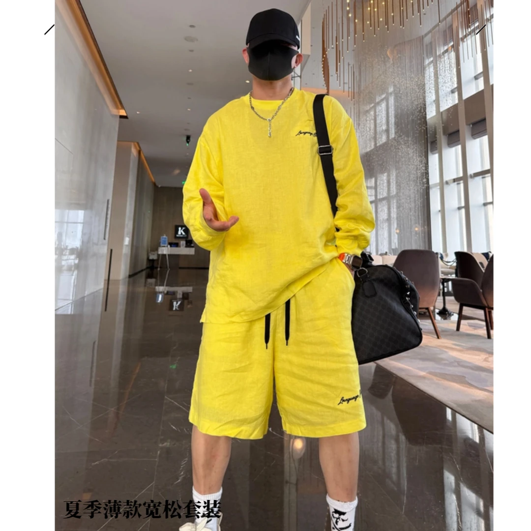 夏季薄款慵懒休闲防晒上衣短裤套装时尚百搭宽松情侣t恤防晒衣