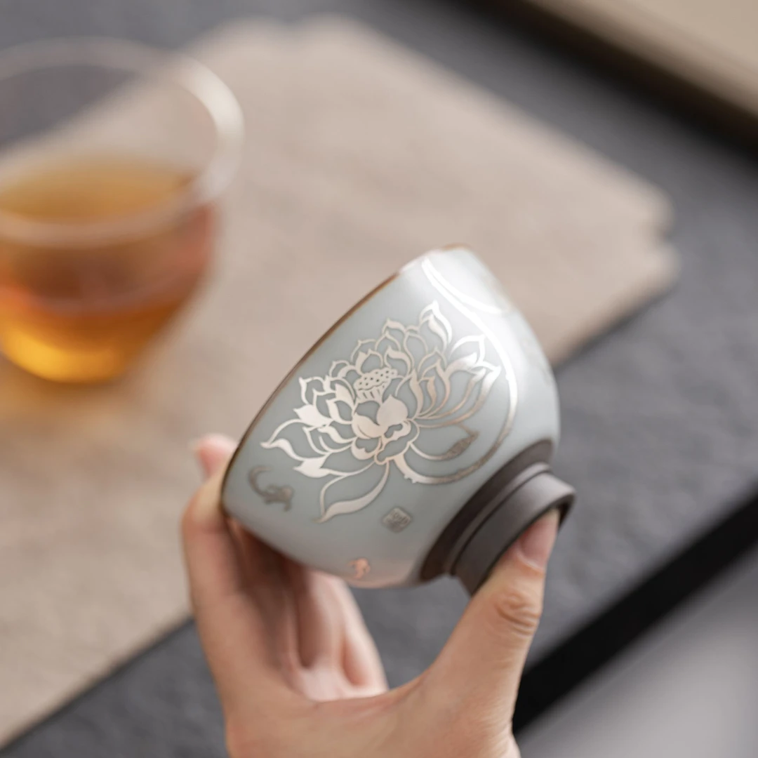联谊银荷韵修足茶杯银荷韵复古家用陶瓷中式大号汝窑主人杯喝茶杯