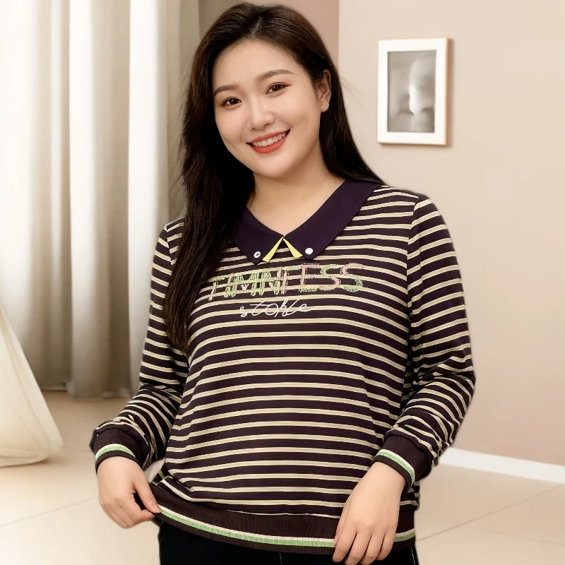 休闲秋季航海风女针织衫秋季妈妈装长袖薄款中老年女装条纹咖绿