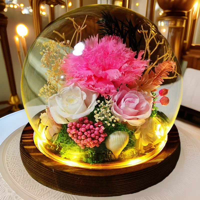 康乃馨真花永生花玻璃罩礼盒送父母长辈生日礼物母亲节实用礼品