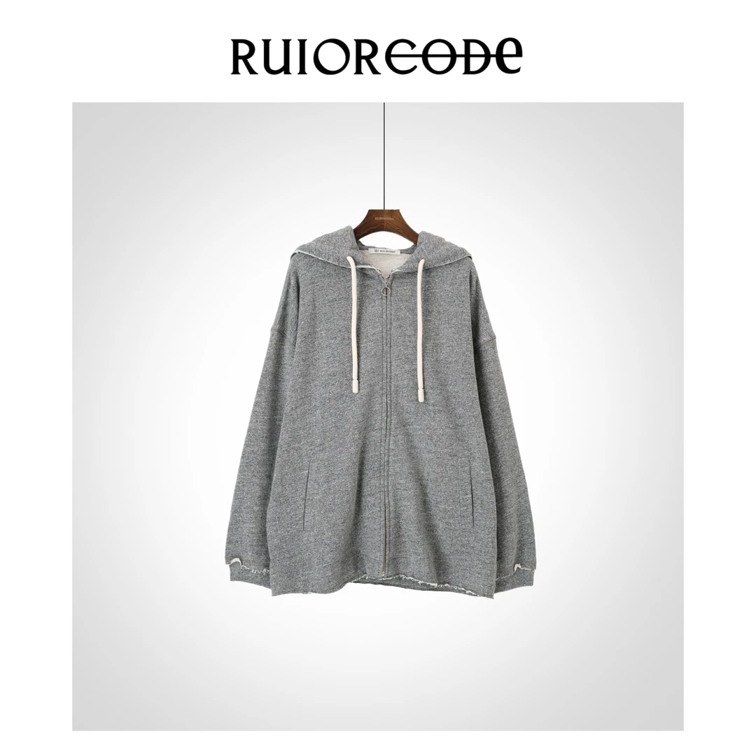 【RUIORCODE】麻灰毛边落肩长袖拉链连帽卫衣  理性消费
