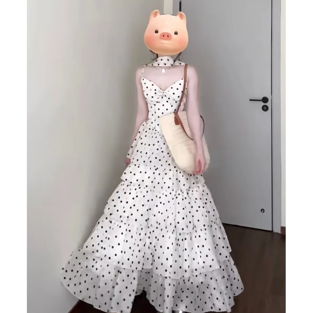 小妍大码法式度假温柔波点收腰显瘦时尚吊带连衣裙无袖长裙蛋糕裙