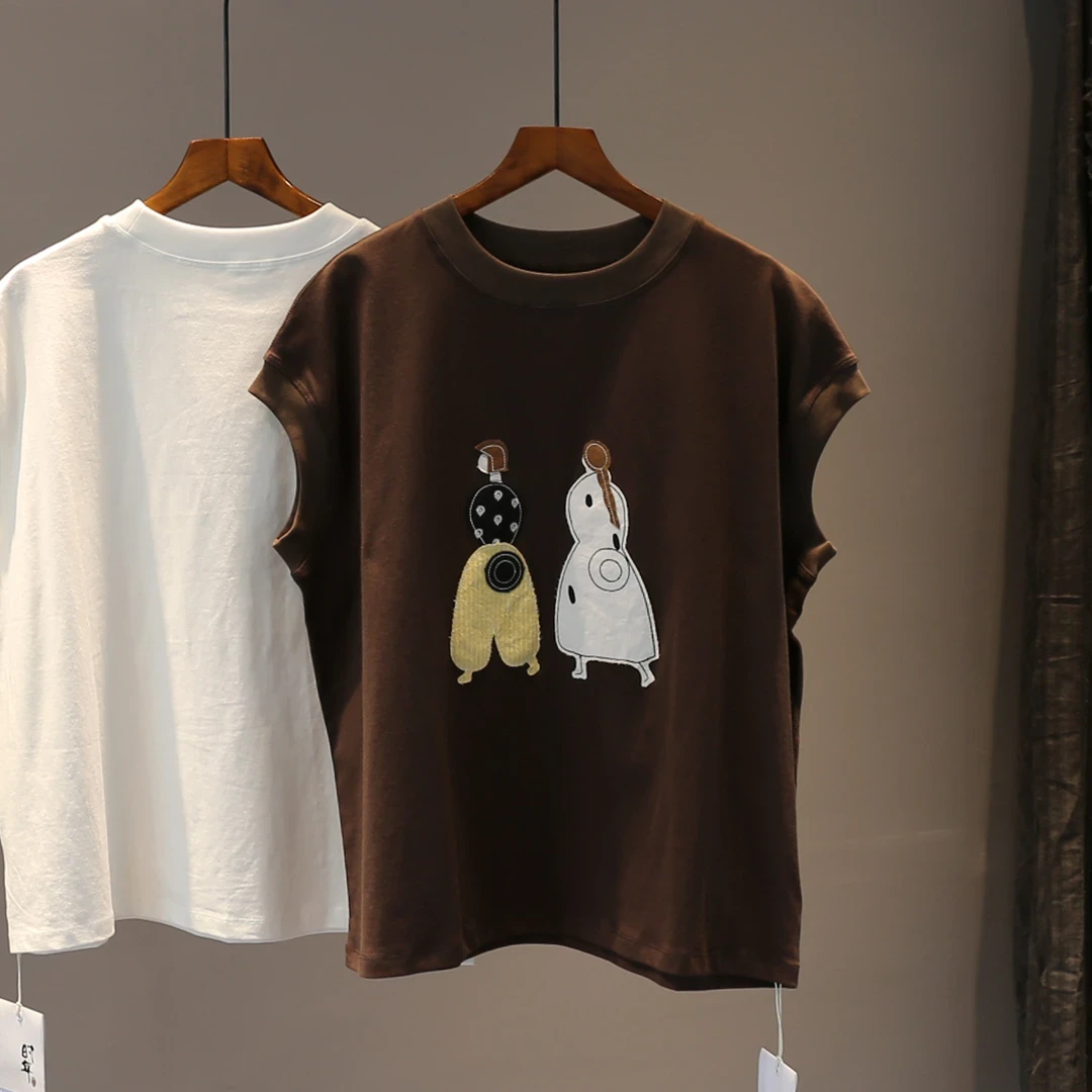 夏季新款2025时尚无袖百搭贴布T恤女宽松大码休闲显瘦棉料上衣潮