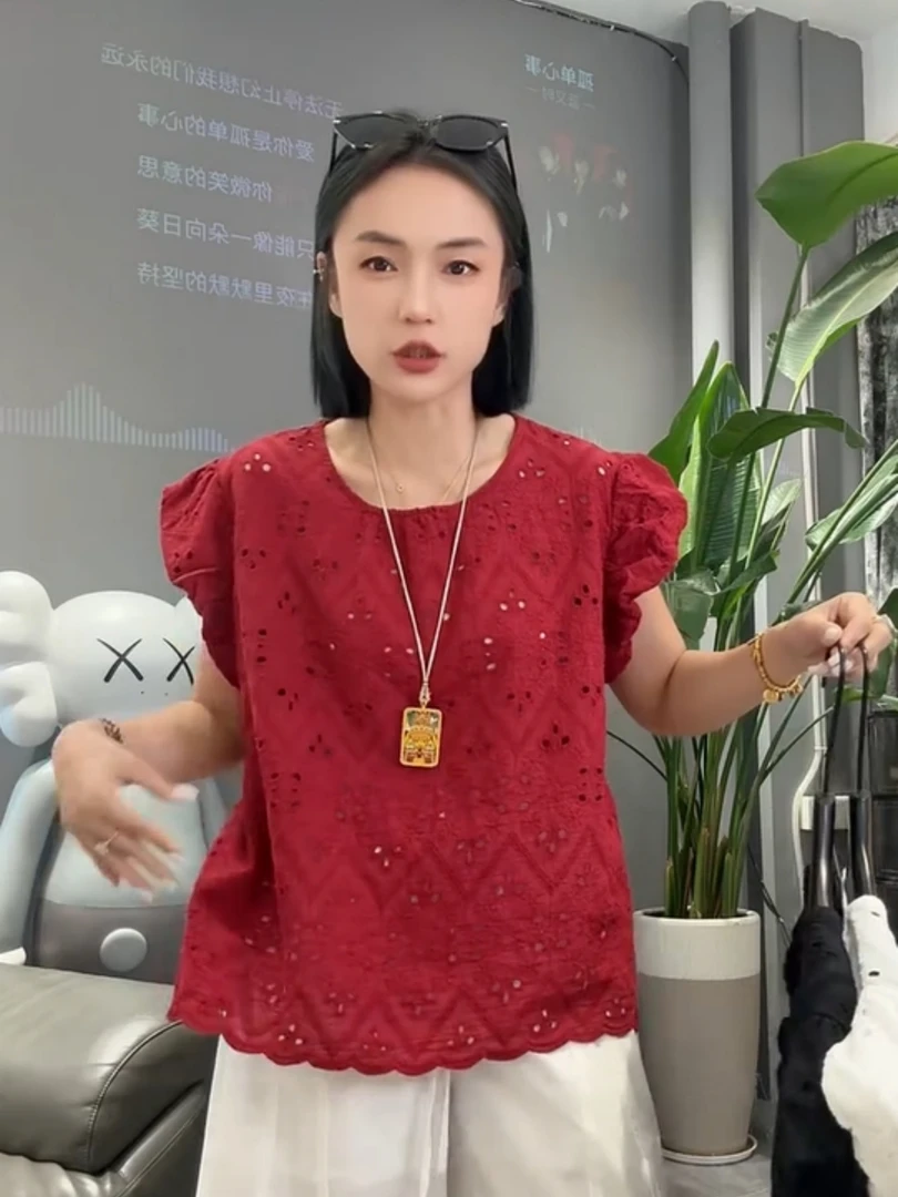 欧货设计感飞飞袖圆领镂空小衫女夏2025新款百搭宽松减龄上衣衬衫