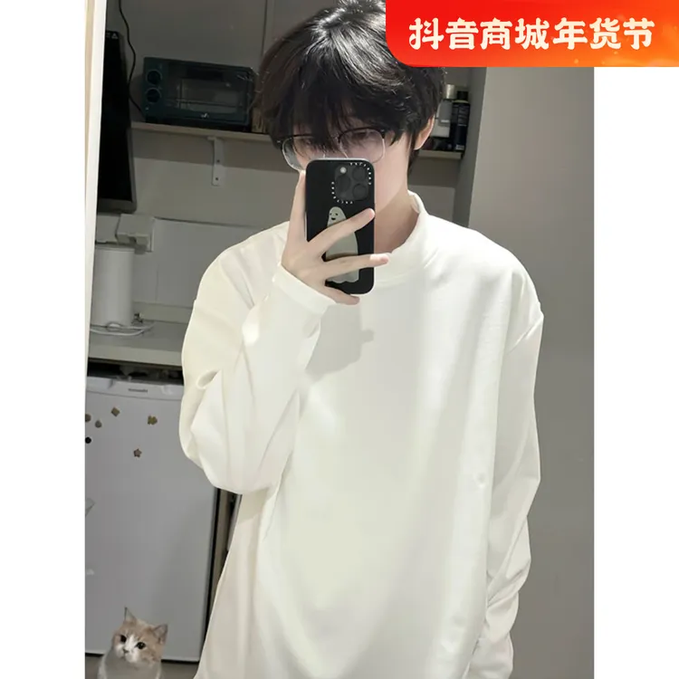 白色半高领德绒打底衫男款秋冬美式重磅长袖t恤加绒保暖毛衣内搭