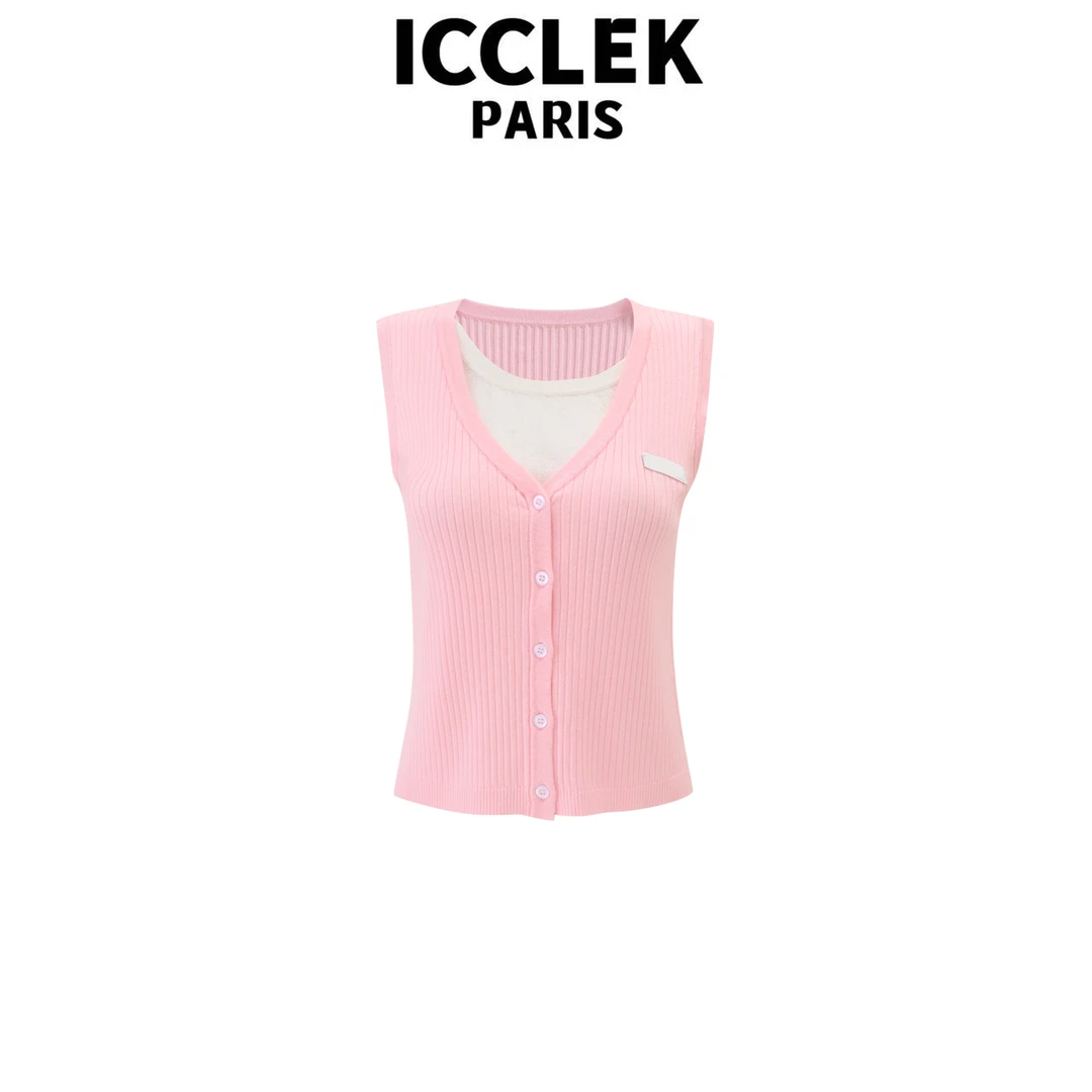 ICCLEK 粉色假两件无袖针织背心 夏季 休闲 百搭 -1185