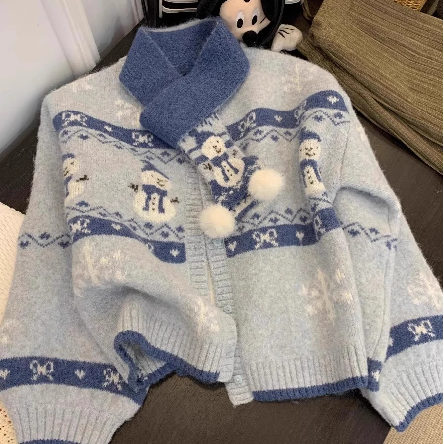 圣诞穿搭费尔岛毛衣开衫女秋冬马海毛针织衫外套小个子慵懒风上衣