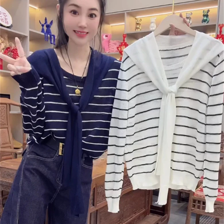 2025早秋新款设计感软糯圆领条纹披肩针织衫女洋气宽松显瘦上衣潮