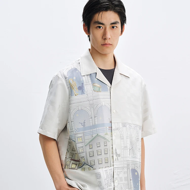【商场同款】太平鸟男装 休闲满版印花宽松翻领T恤 B1CJF2213