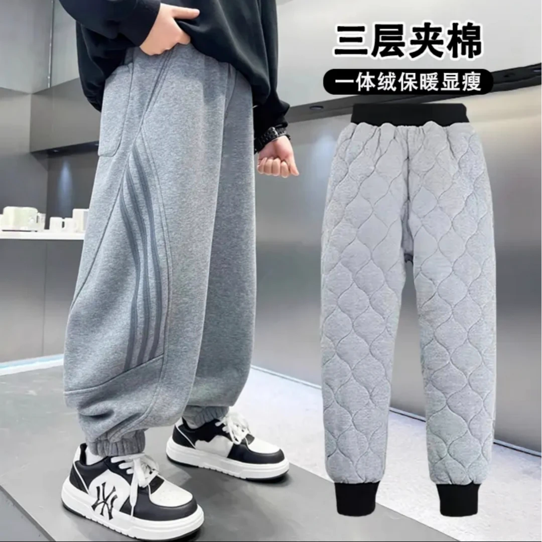 小胖子胖男童特厚夹棉裤子2025冬季加绒加厚运动裤中大童保暖棉裤