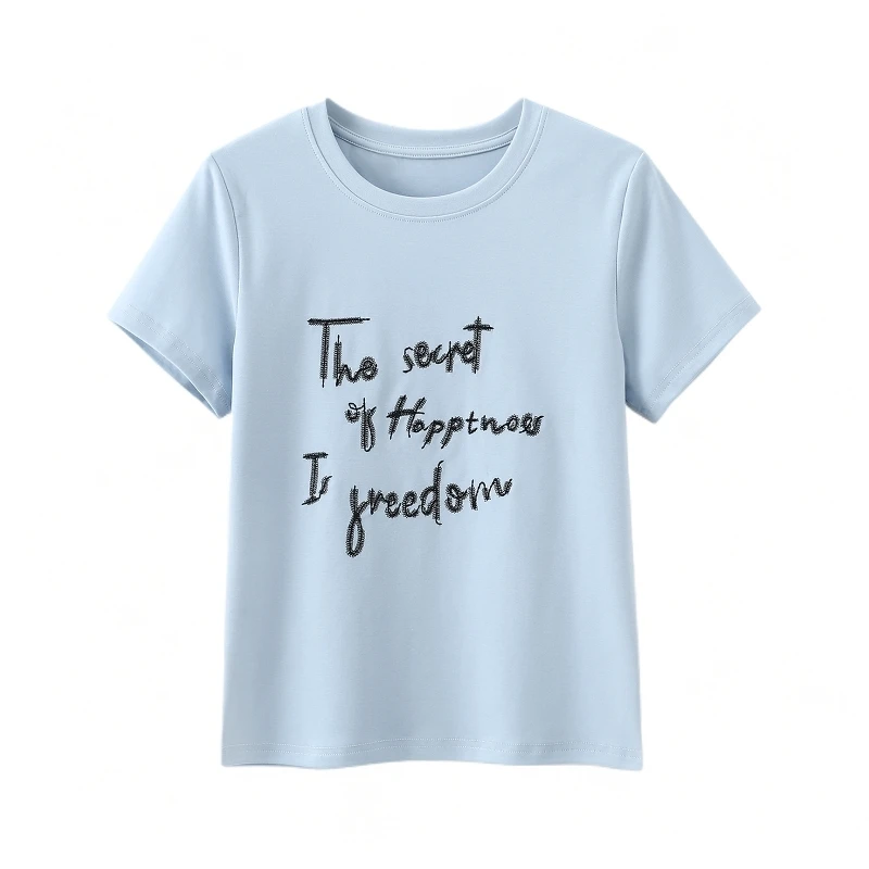 燕苹夏季新款时尚百搭休闲薄款字母刺绣设计感U领短袖T恤YHZ1976