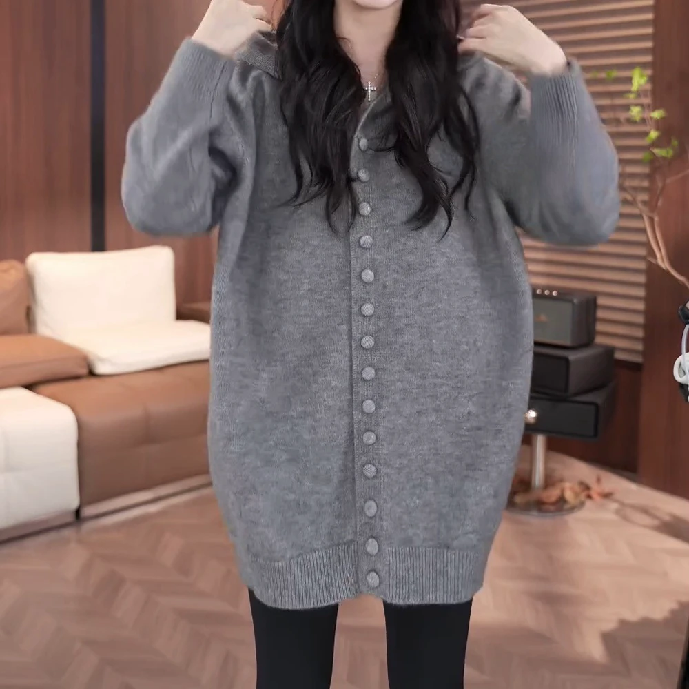 宽松版加大连帽加厚毛衣女装开衫时尚秋冬百搭女士中长款灰色韩版