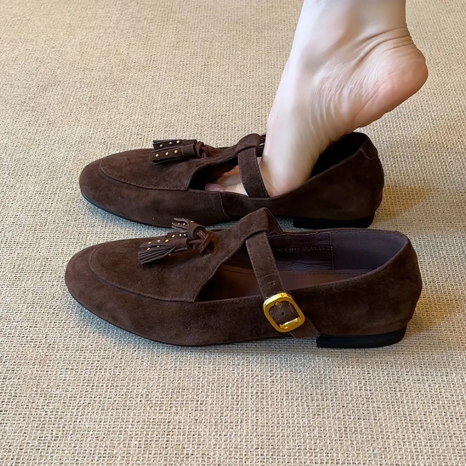 RubyL/1cm复古风铆钉流苏丁字扣带圆头浅口平底玛丽珍单鞋女款