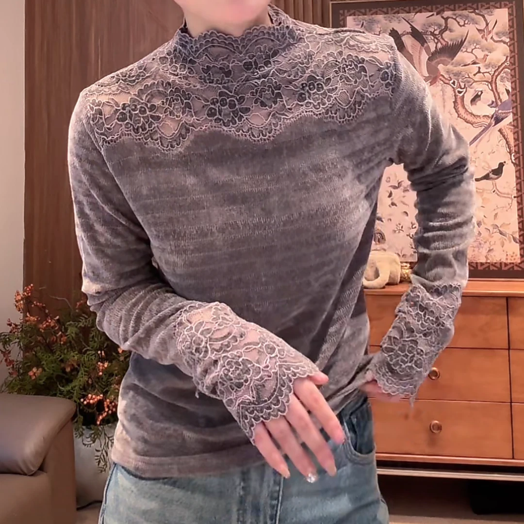 蕾丝上衣设计感拼接洋气高级感长袖2024秋冬新款气质镂空磨毛t恤
