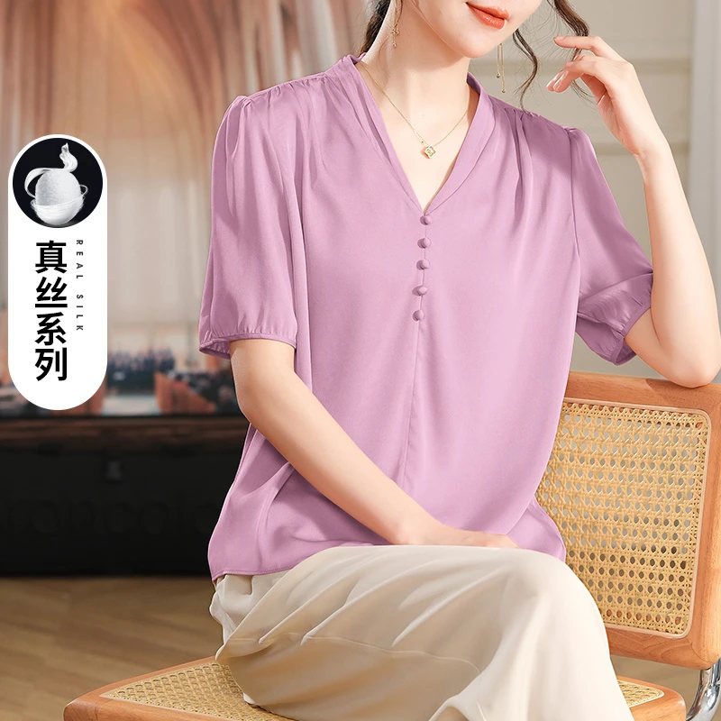 2025新款妈妈夏装真丝上衣洋气大码贵夫人桑蚕丝小衫中老年女T恤