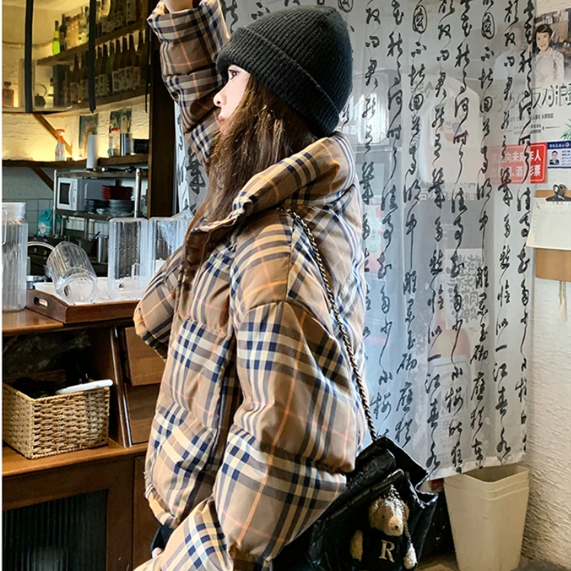 韩版复古格纹立领短款百搭棉服女冬新款小个子宽松加厚面包服外套