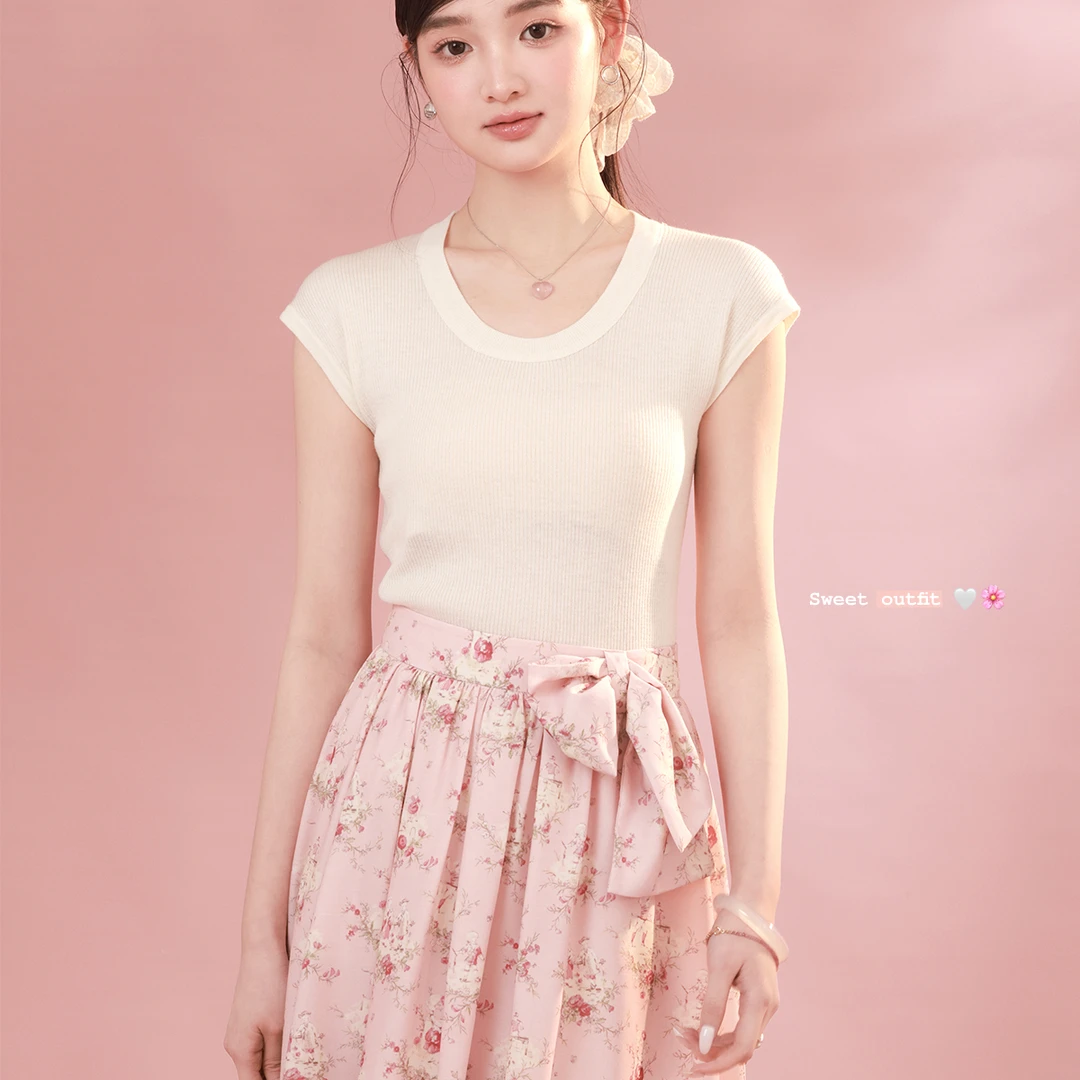 【小野春和】套装羊毛混纺U领T/法式宫廷蝴蝶结大伞裙～优雅春日氛围