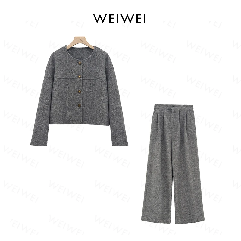 Liixu春季新款小香风毛呢外套阔腿裤时尚套装两件套L48TZ002