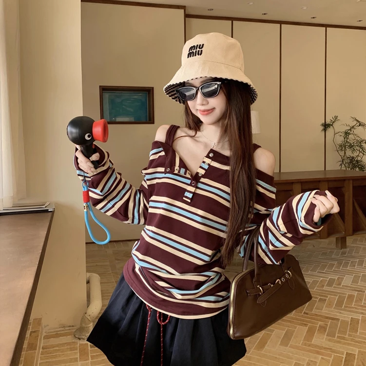 韩系撞色条纹拼接一字肩长袖T恤女2025秋季新款心机小众别致上衣