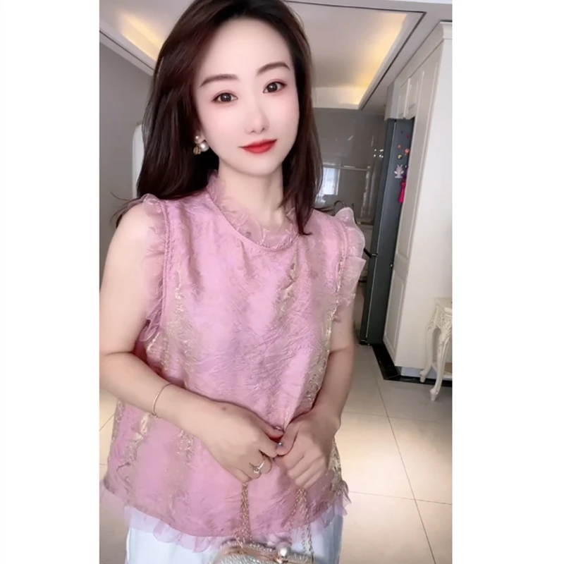 夏季宽松洋气百搭无袖小衫时尚上衣气质设计感T恤圆领显瘦减龄女