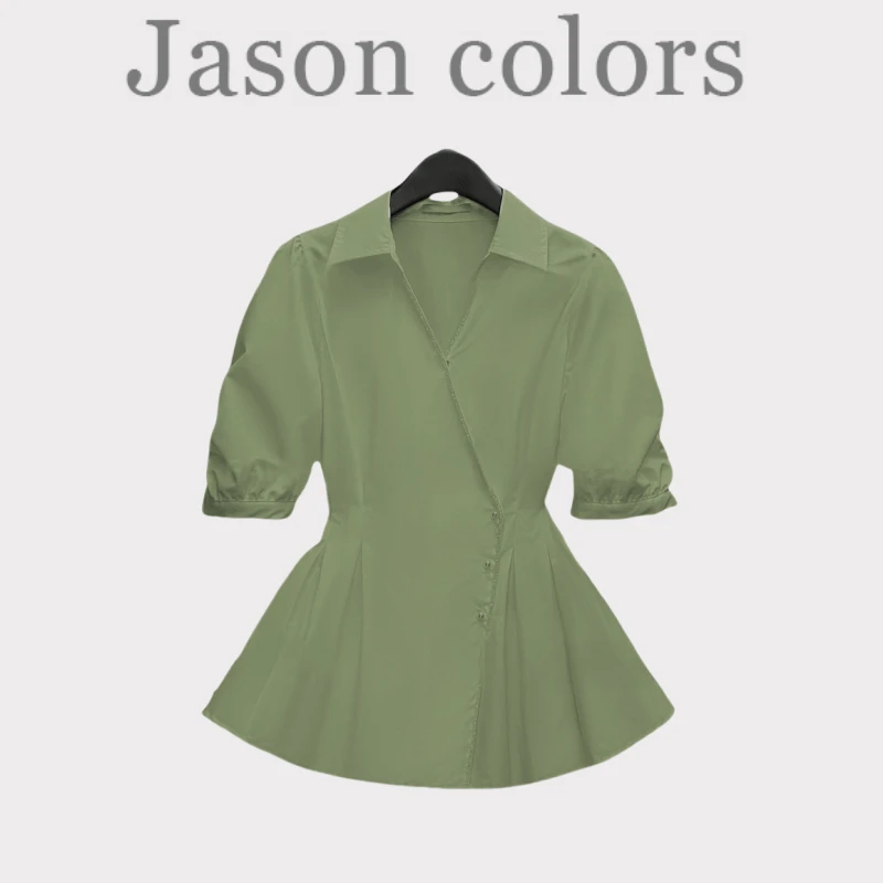 【Jason Colors】法式收腰条纹V领泡泡袖衬衫夏季新款气质时尚衬衣
