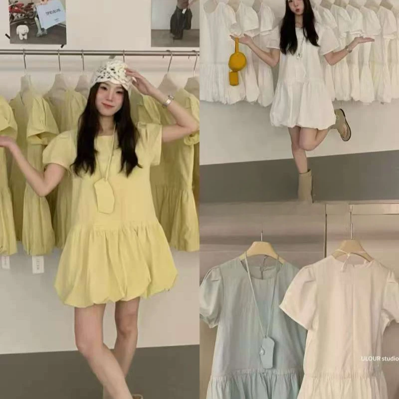 大码小众显瘦闺蜜款时尚短袖连衣裙女春夏小个子花苞裙蓬蓬短裙