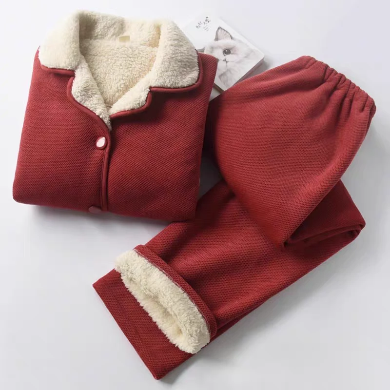 羊羔绒加厚加绒睡衣女秋冬保暖家居服套装