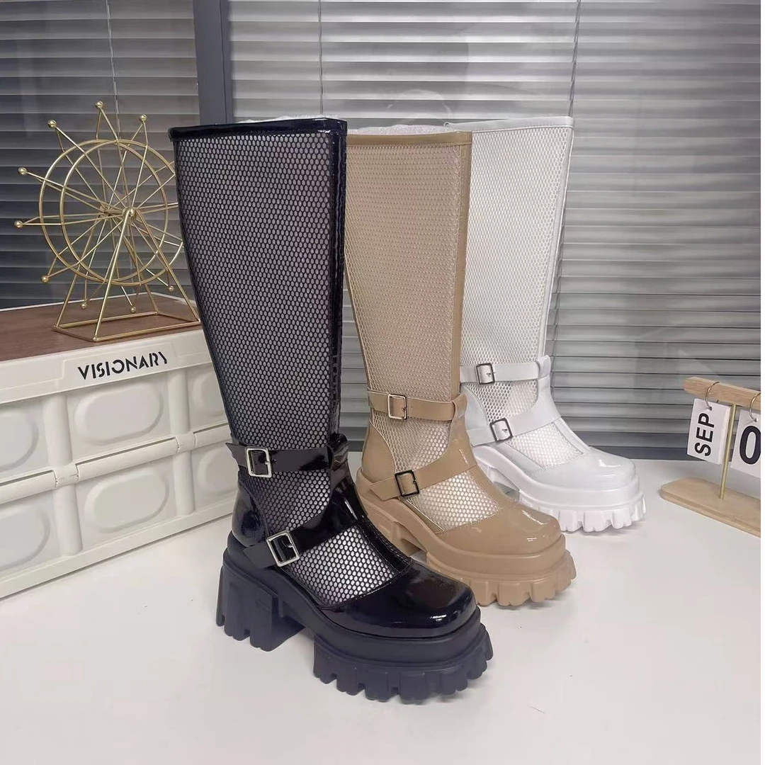 时装靴网靴短靴女鞋百搭夏季中筒粗跟女靴时尚轻奢长靴透气镂空