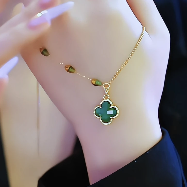 钛钢莫桑石项链 【绿四叶】 轻奢百搭锁骨链春夏新品项链女绿色复古