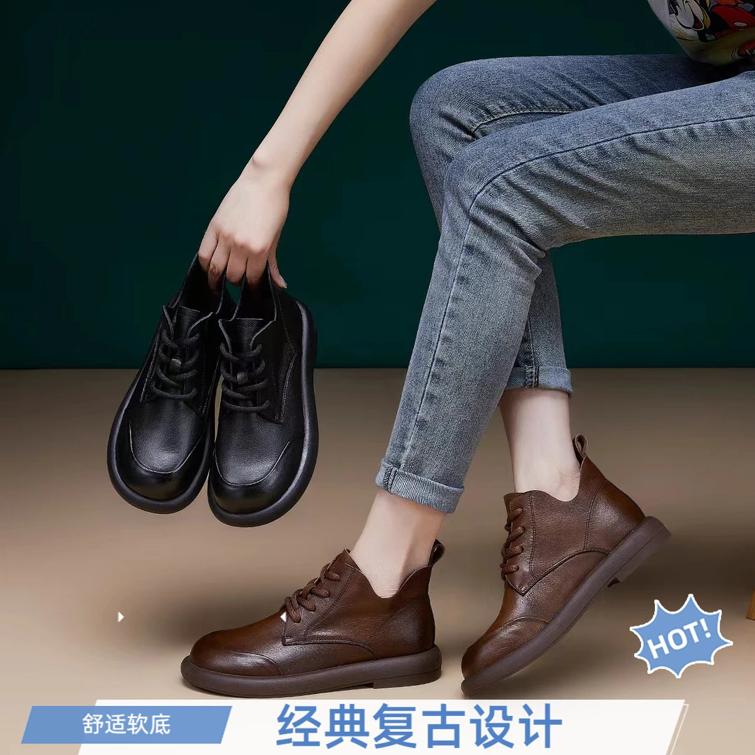 新款软皮妈妈鞋英伦风女3cm马丁靴秋冬牛皮女靴秋季圆头复古加绒