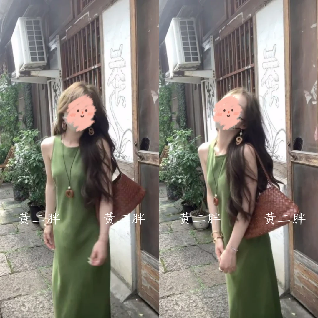 绿色圆领无袖背心连衣裙女设计感挂脖长裙海边度假裙2025夏季新款