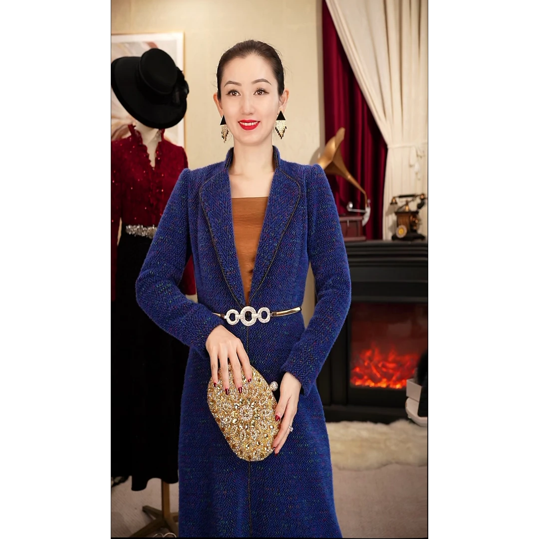 《丹尚爱》蓝色交响曲冬季加厚假两件撞色收腰显瘦翻领女士连衣裙