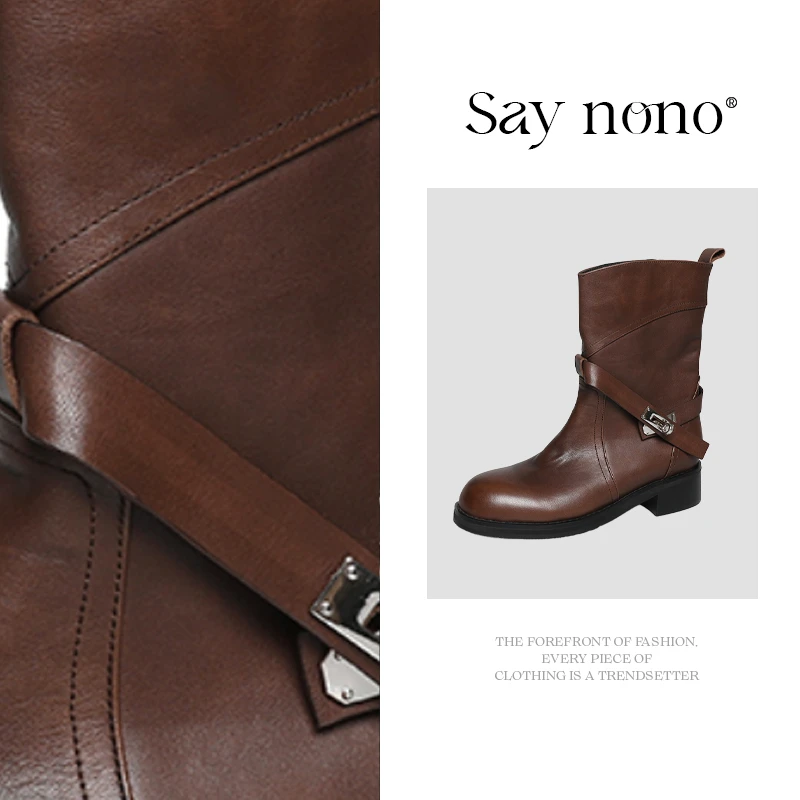 Say  nono 圆头粗跟通勤时装靴四季秋冬复古头层牛皮短筒靴短靴