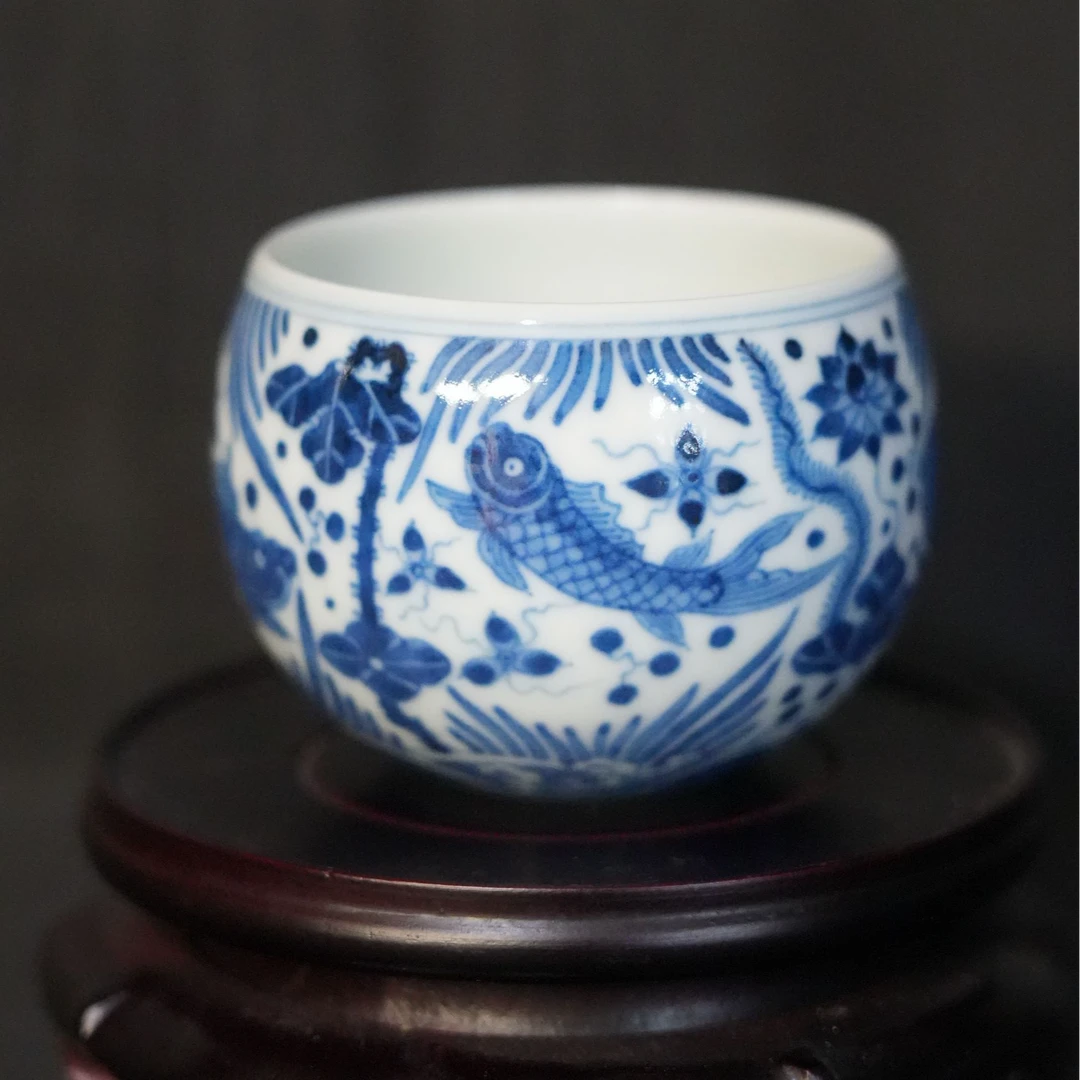 景德镇【玉窑】青花鱼藻纹蛋杯