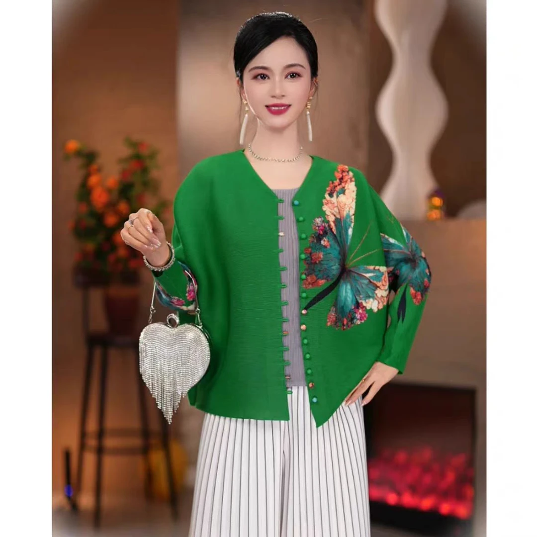 气质单排扣褶皱开衫女长袖圆领外穿春夏季洋气印花外套上衣高端