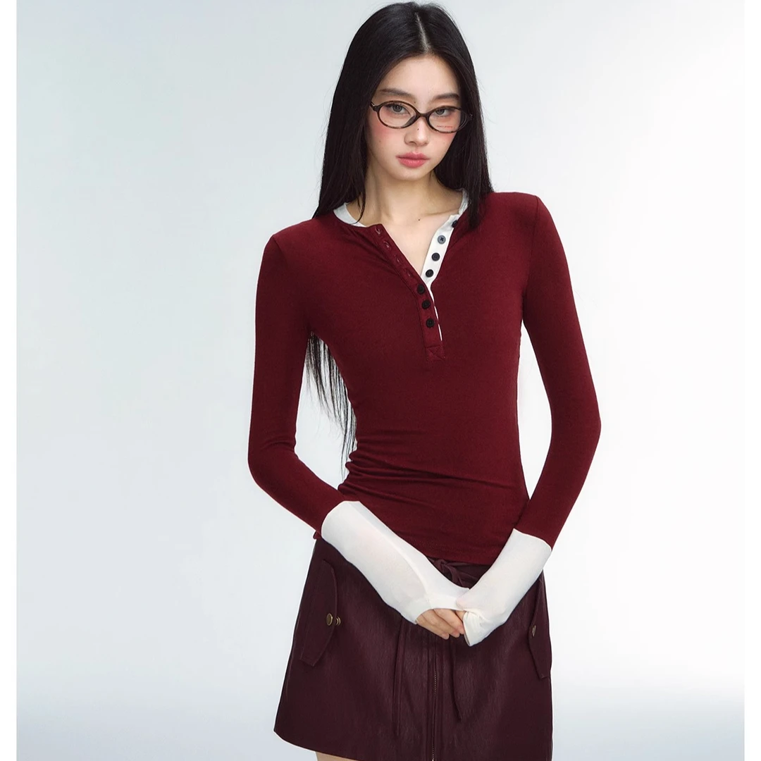 TA suki 安可拉红长袖修身T恤上衣秋冬打底衫