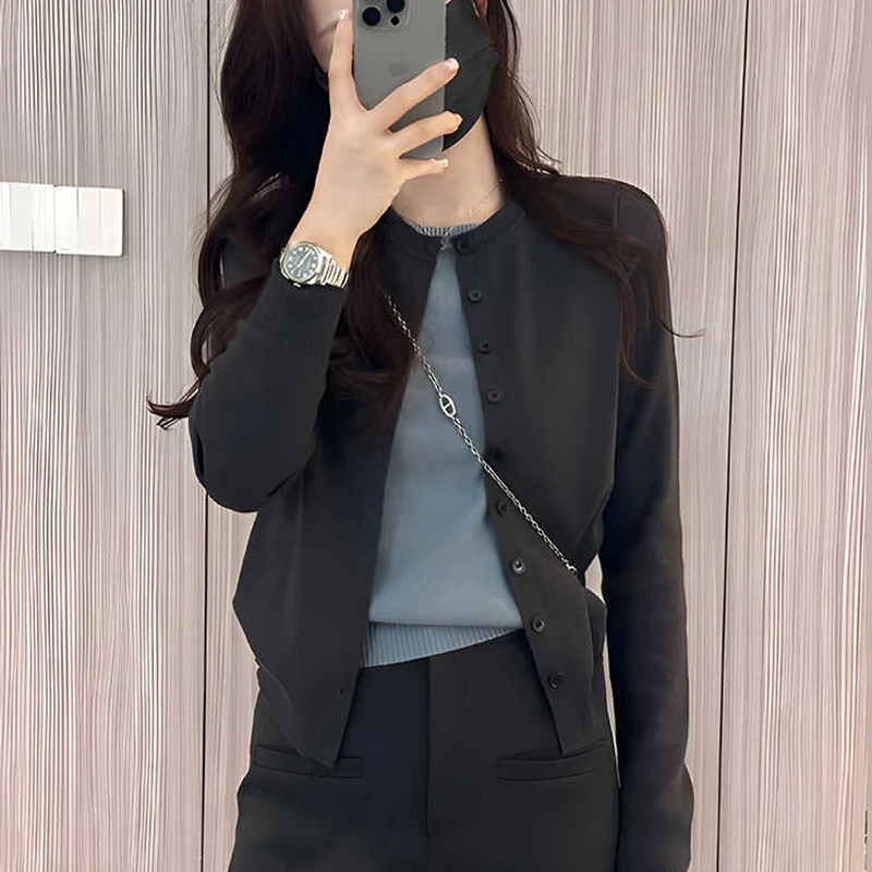 法式假两件撞色拼接长袖针织开衫女慵懒风宽松休闲百搭短款上衣秋
