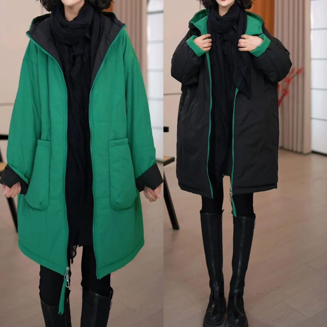 韩系净版大口袋双面双穿加棉2025秋冬新款加棉保暖抗风中长款棉服