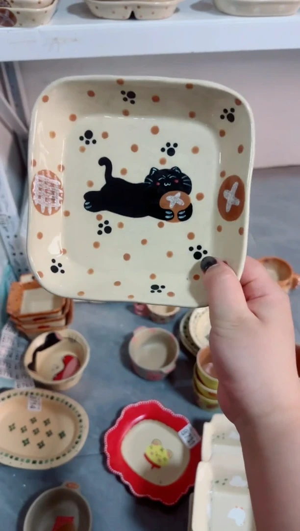 陶瓷面包猫咪方盘【十里高温釉下彩陶瓷】