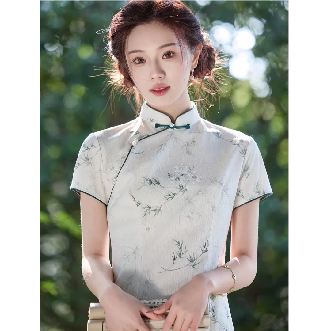 【话江南】夏季立领高腰送考节节高升旗袍中长款法式复古提花中国风