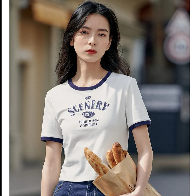 【欧若风】茵曼夏季索罗娜光板休闲T恤女百搭花朵印花短袖上衣