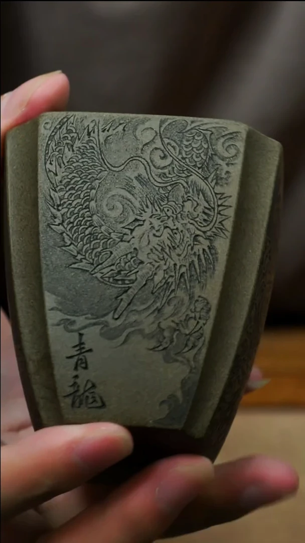 茶杯紫砂南柯记全手刻四圣兽杯