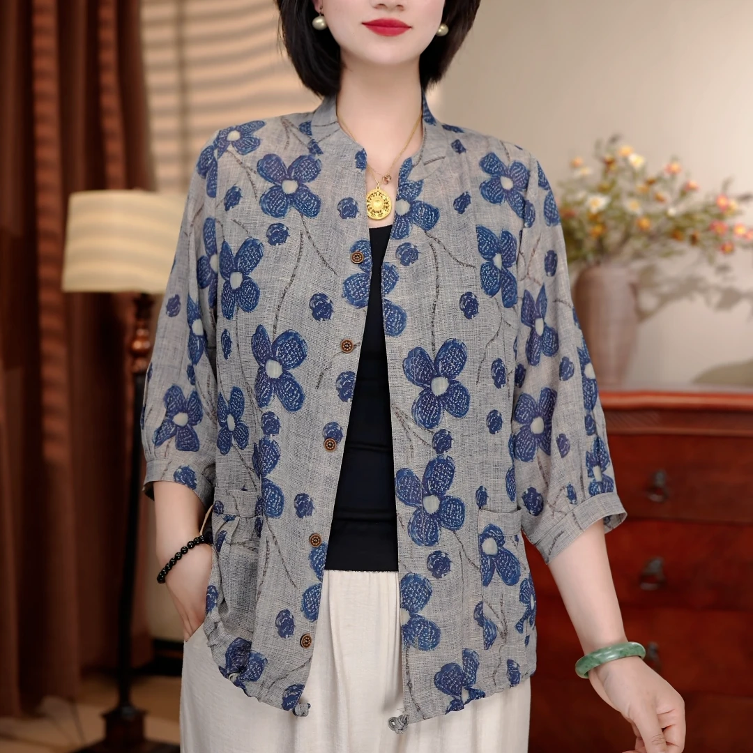25夏季新款立体花气质七分袖显瘦中老年妈妈装开衫上衣
