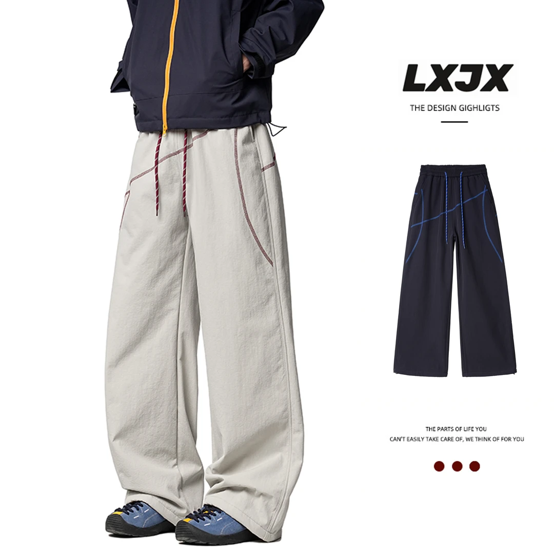 LXJX复古明线设计宽松直筒工装裤男女潮流加绒百搭休闲长裤